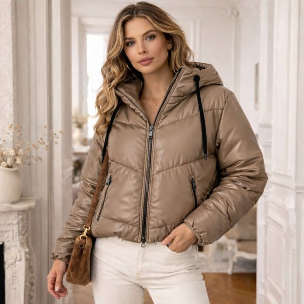 Daniela Cortez Eco Leather Puffer Jacket with Hood in Cognac